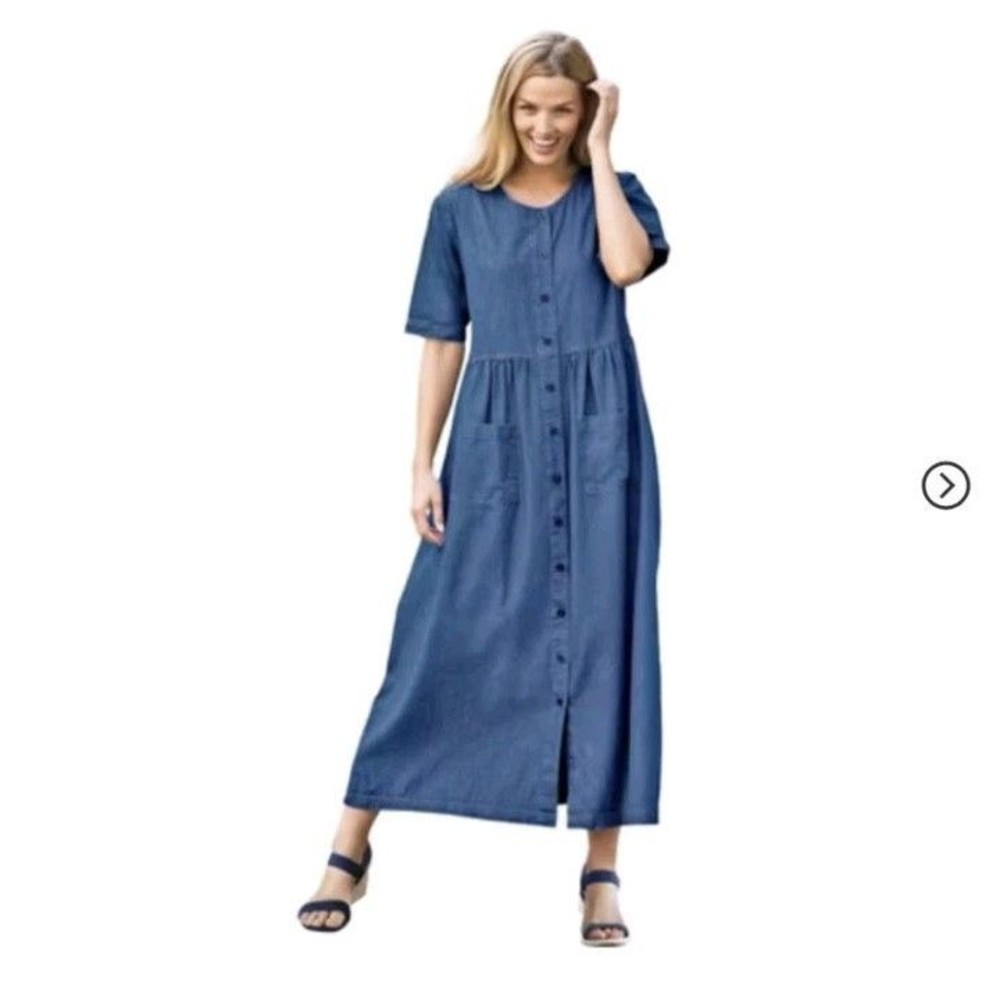 Women Within Plus Denim Dress Womens Size 14W‎ Buttons Pockets Maxi Fit Flare